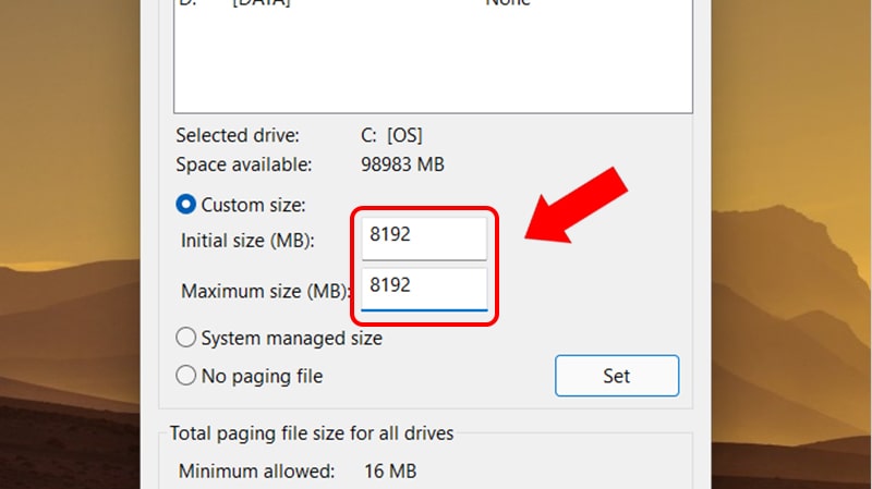 Set RAM ảo Win 10 8GB