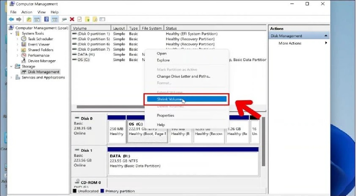 Chuyển dung lượng từ ổ D sang ổ C Win 11 Disk Management